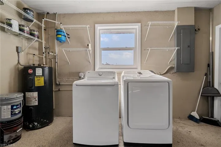 Laundry area with water heater, electric panel, and washer and clothes dryer