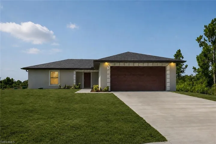 Contemporary stucco exterior, dark asphalt shingle roof, two-car garage with wood-finish door, concrete driveway, and a covered entry