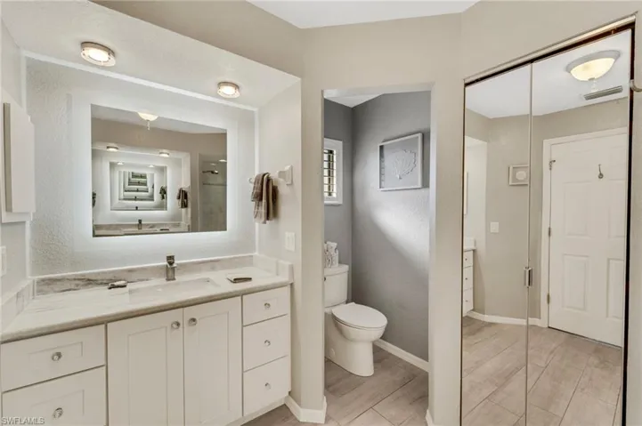 Bathroom with wood-type flooring, vanity, and toilet