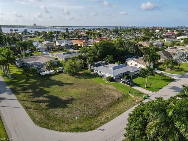 Aerial perspective of suburban area with a notable bridge