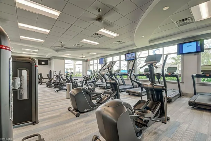 24 hour State-of-the-art Fitness Center with ceiling fans and a paneled ceiling
