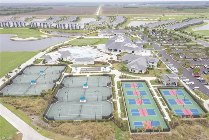 Bird's eye view of Awesome Fitness Opportunities with 6 Har Tru Tennis Courts, 8 Pickleball courts, 2 bocce courts