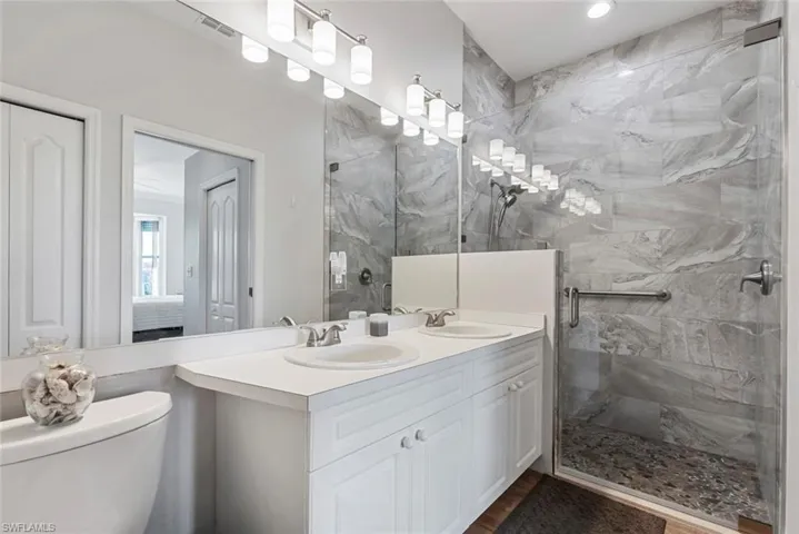 Bathroom with toilet, a shower with shower door, and vanity