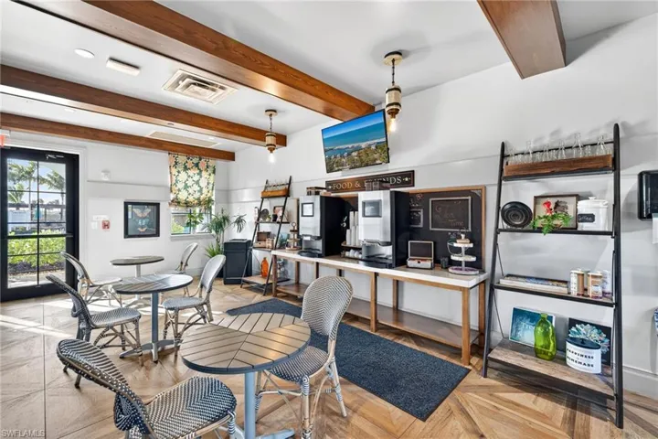 Dining room with beam ceiling