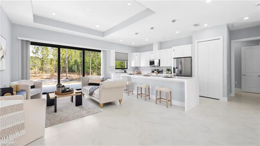 Living area with a raised ceiling and recessed lighting