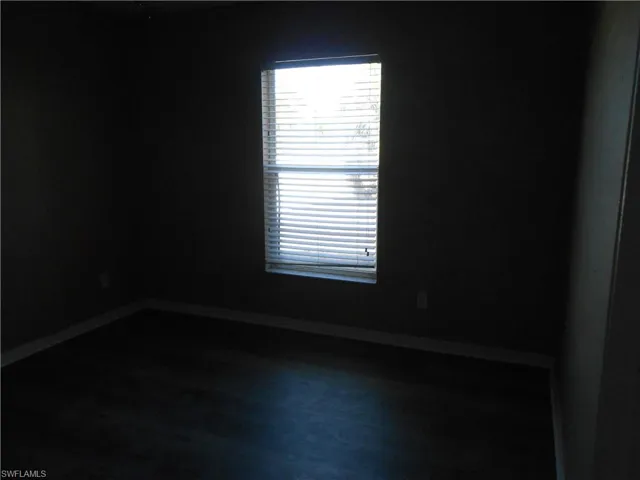 Unfurnished room with baseboards and dark wood-style floors