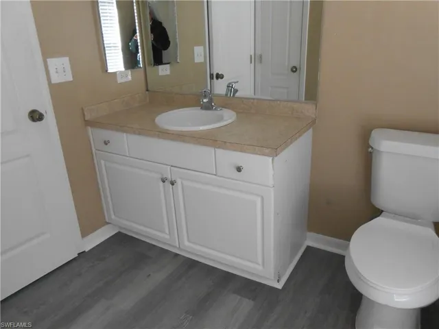 Bathroom featuring vanity and dark wood-style floors