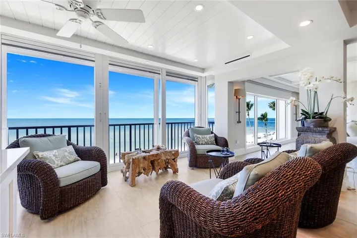 Sunroom featuring a water view, recessed lighting, and wood ceiling