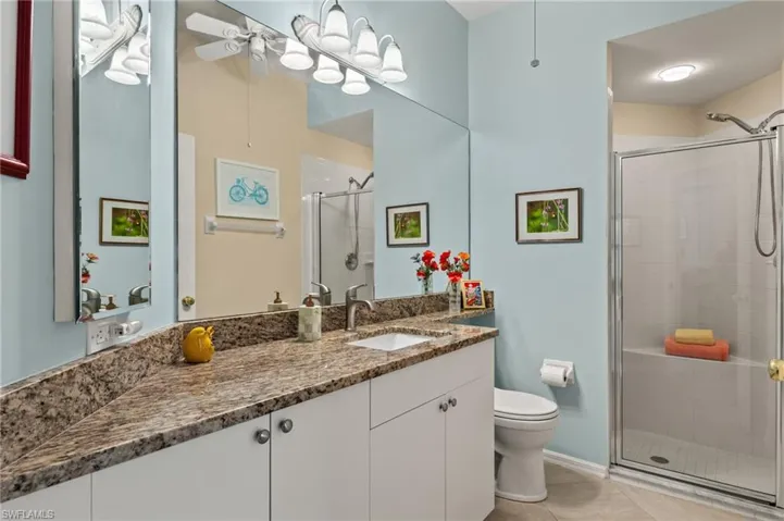 Bathroom with vanity, toilet, and walk in shower