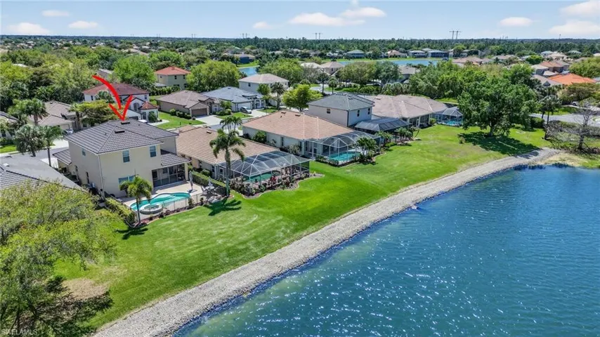 Aerial view of residential area with a large body of water