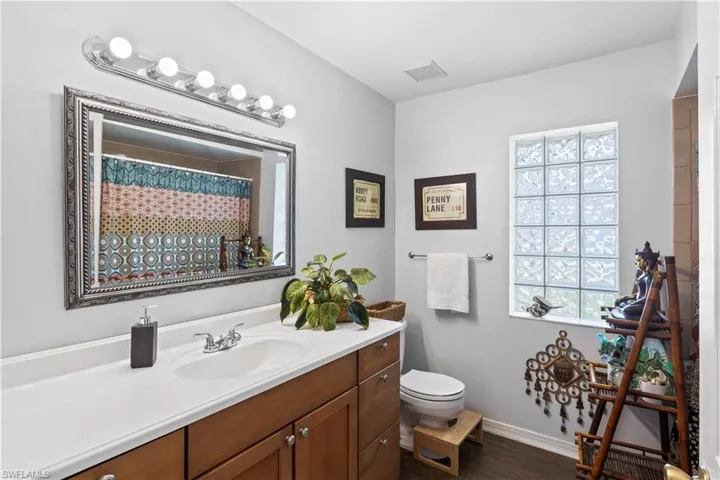 Bathroom with vanity, a shower with shower curtain, hardwood / wood-style flooring, and toilet