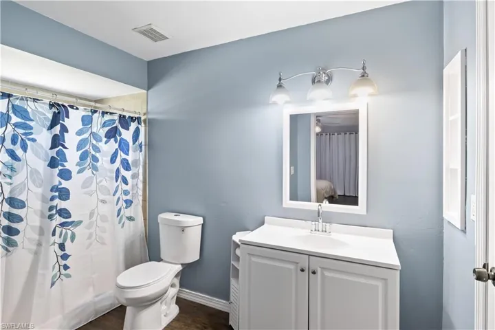 Bathroom featuring vanity, a shower with shower curtain, and toilet