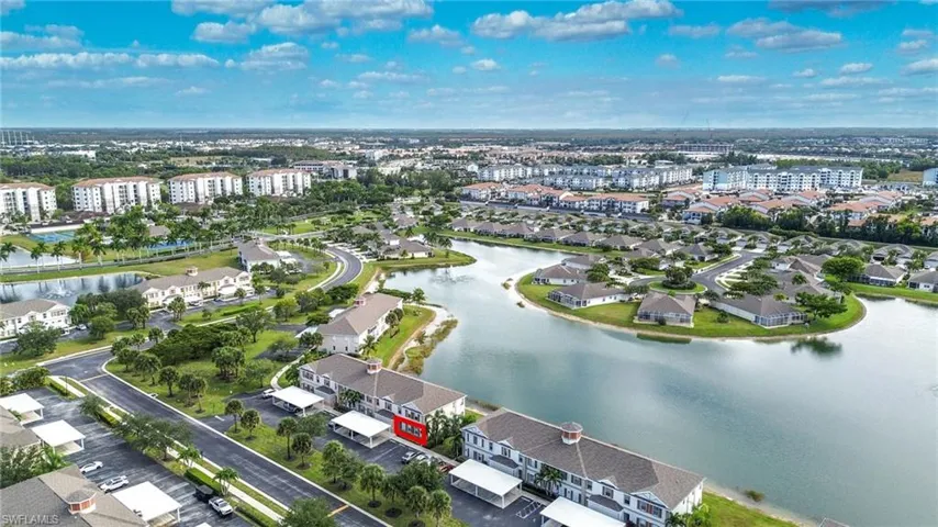 Aerial view of a nearby body of water