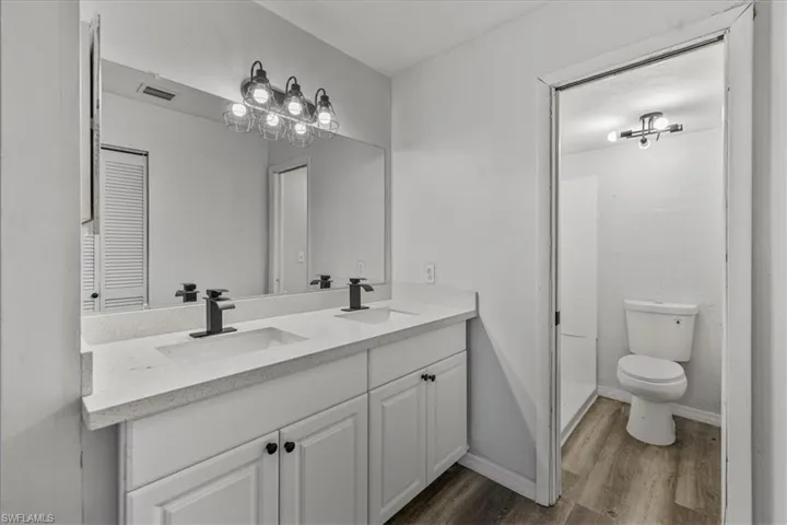 Bathroom featuring vanity, hardwood / wood-style floors, and toilet
