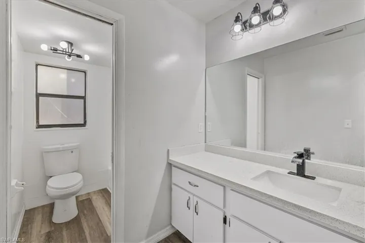 Bathroom with vanity, wood-type flooring, and toilet
