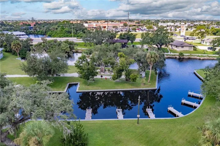 Aerial view of community marina - docks are first-come