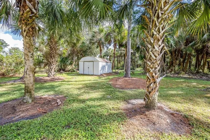 View of yard featuring a storage unit