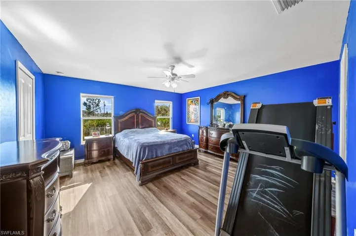 Bedroom with wood finished floors and a ceiling fan