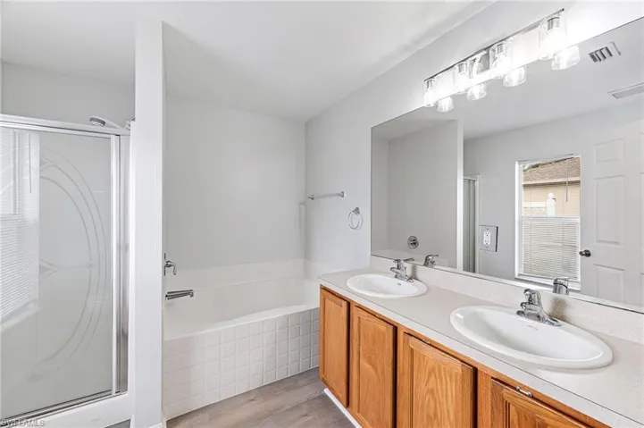 Bathroom with vanity, hardwood / wood-style flooring, and plus walk in shower