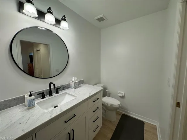 Bathroom featuring toilet, vanity, and hardwood / wood-style flooring