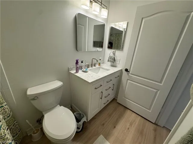 Bathroom with toilet, vanity, and hardwood / wood-style floors