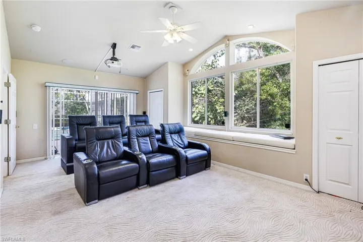5th Bedroom being used as a media room,120" Projection, Surround Sound, Leather seats, vaulted ceiling, and ceiling fan. latge bay window and window seat too