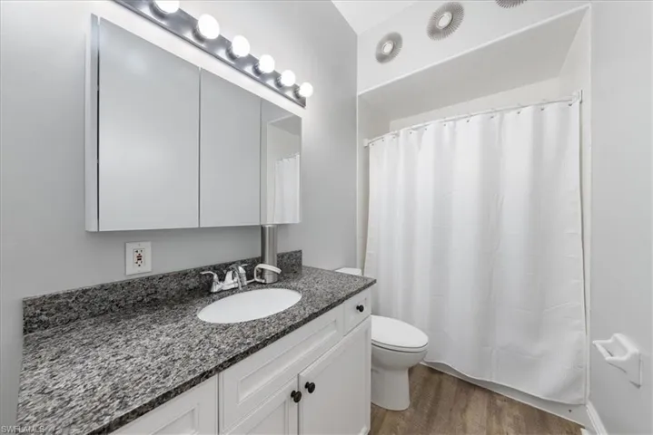 Bathroom featuring hardwood / wood-style floors, oversized vanity, and toilet