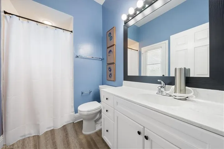 Bathroom with wood-type flooring, toilet, and vanity