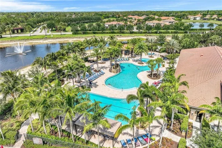 Birds eye view of property with a water view