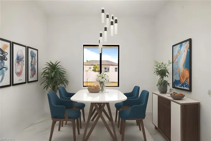 Dining space with marble finish floor and baseboards