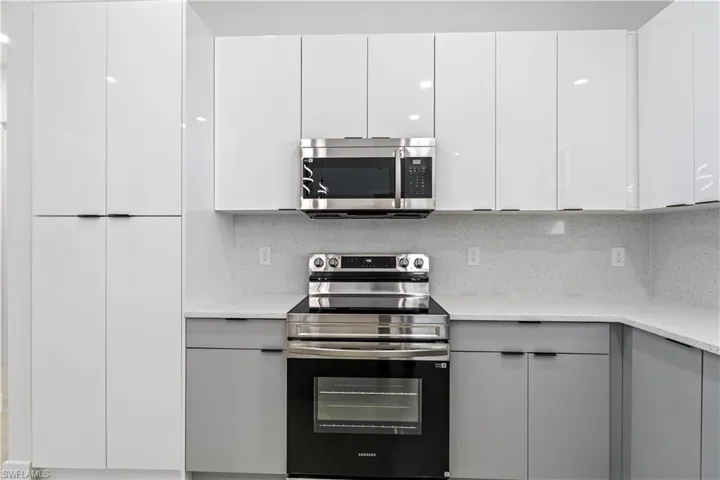 Kitchen featuring appliances with stainless steel finishes, gray cabinets, modern cabinets, and white cabinetry