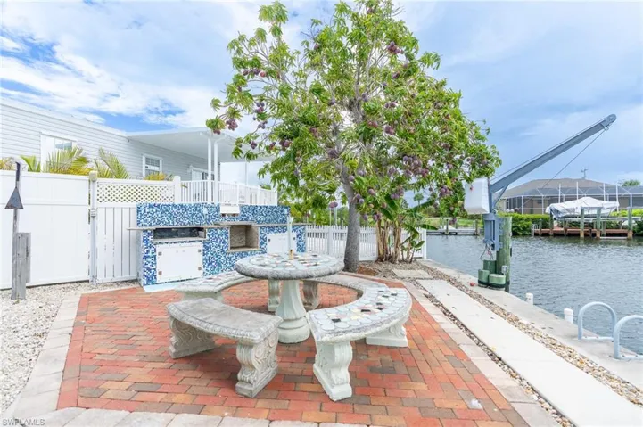 View of patio / terrace with a water view, a boat dock, and a grill