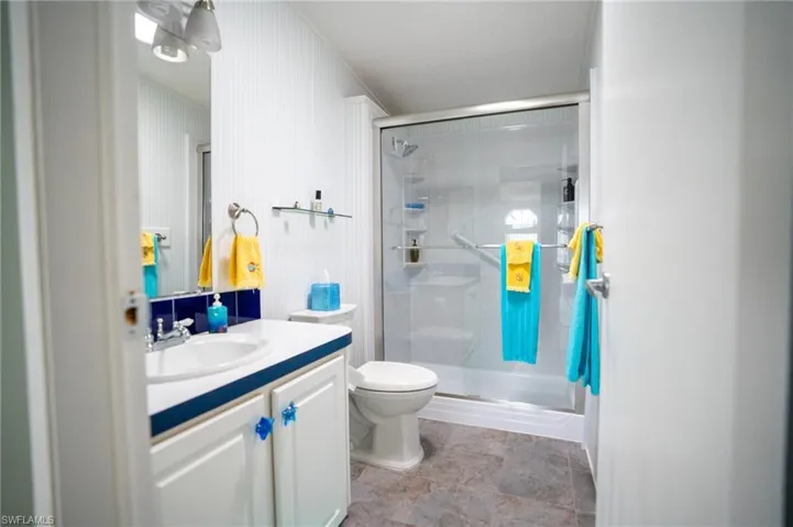 Full bath with vanity and a shower stall