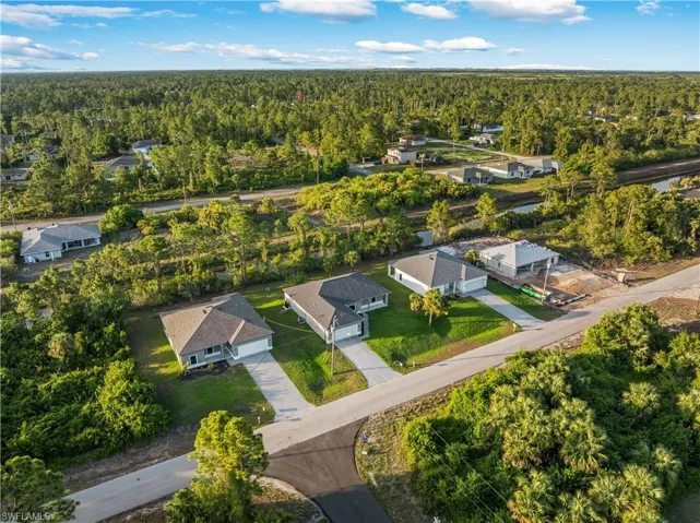 Aerial view of residential area with a forest