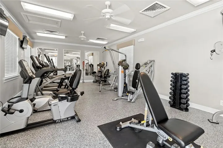 Workout area with a ceiling fan and crown molding