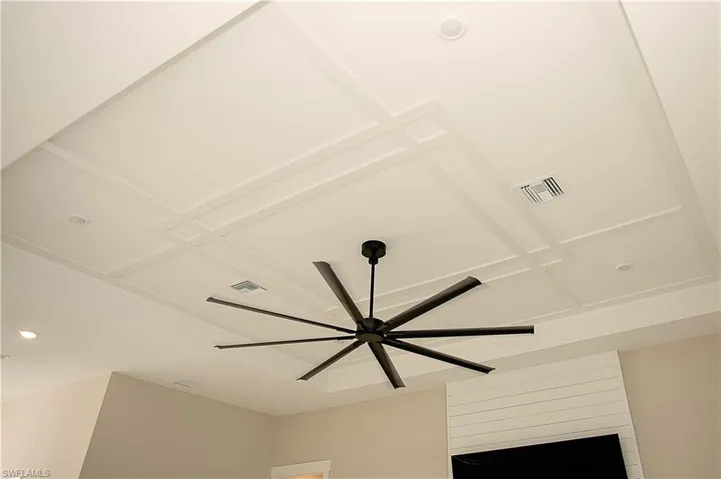 Detailed view of a upgraded decorative ceiling and extra large matte black fan