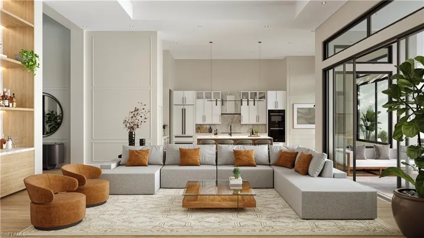 Living room with light wood-look tile flooring and a high ceiling