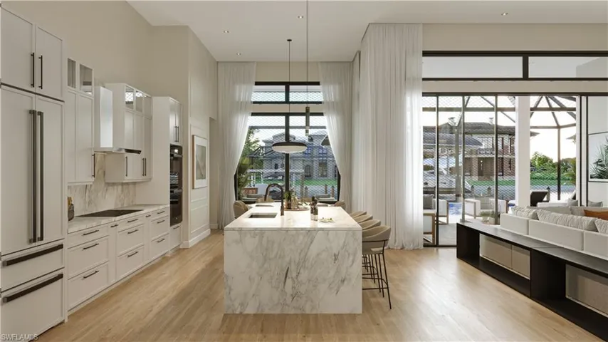 Kitchen with glass insert cabinets, pendant lighting, light stone countertops, a kitchen breakfast bar, and light wood-look tile floors
