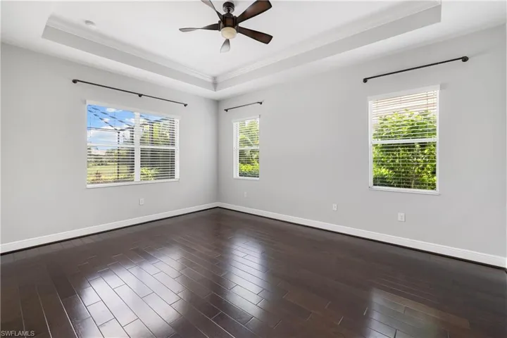 Owners suite featuring plenty of natural light, a tray ceiling, and hardwood / wood-style flooring