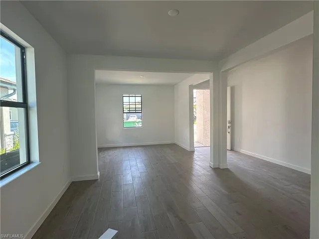 Empty room featuring a healthy amount of sunlight and dark hardwood / wood-style flooring