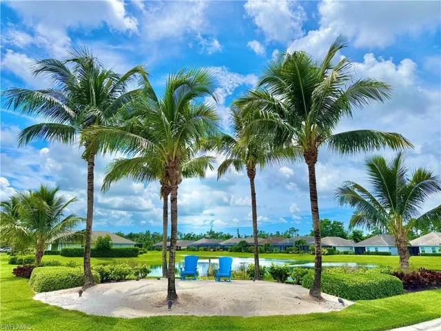 View of community featuring a water view, a residential view, and a lawn