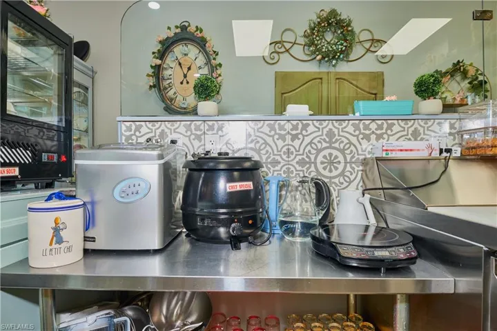 Kitchen view of stainless steel countertops