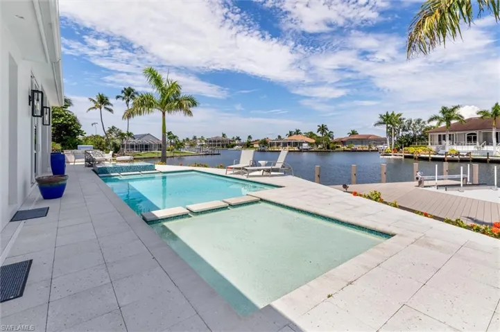 View of pool featuring a patio and a water view