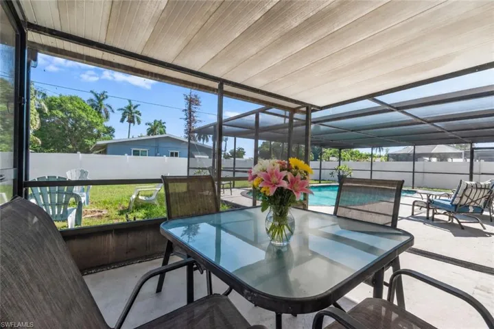 Screened patio with a covered ceiling, overlooking a private swimming pool and fenced backyard