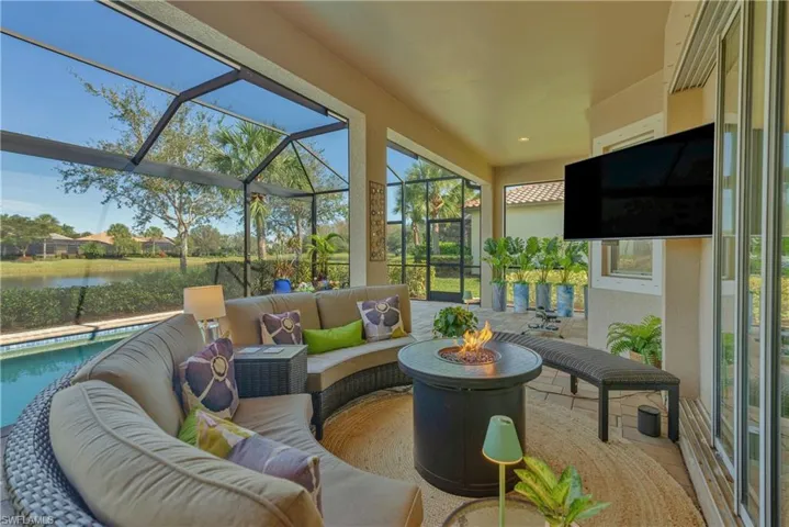 Large Covered Lanai featuring a water view and a pool