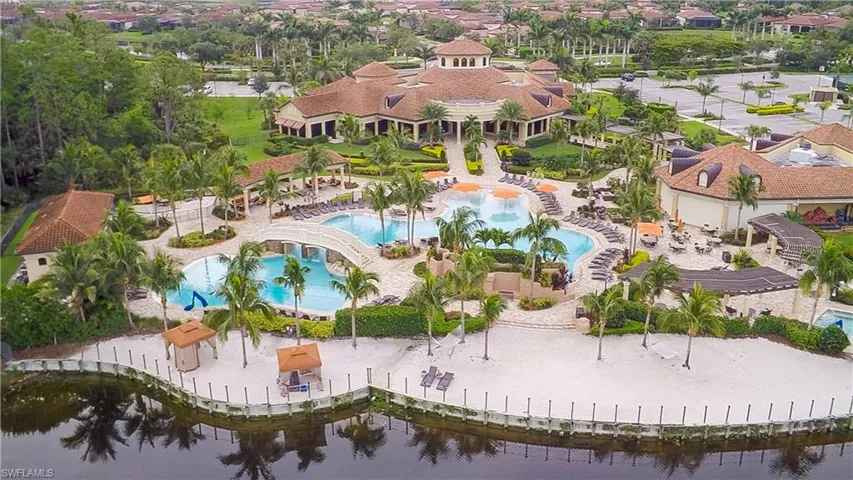 Birds eye view of the Villa Rilassare amenities at Treviso Bay including the fitness center, full spa, locker rooms, sauna, pool, spa and pool bar.