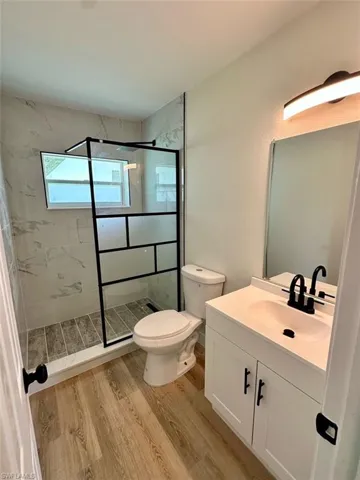 Bathroom with a tile shower, hardwood / wood-style floors, vanity, and toilet
