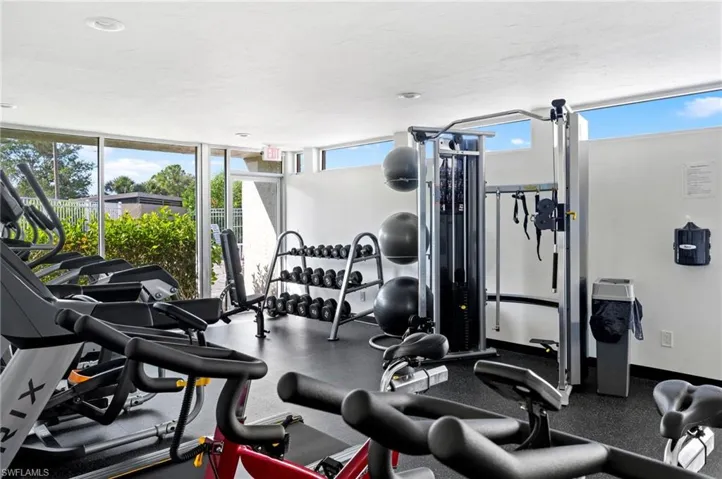 Workout area featuring floor to ceiling windows