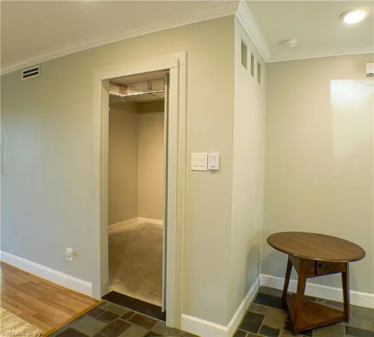 Corridor with crown molding and dark stone finish flooring