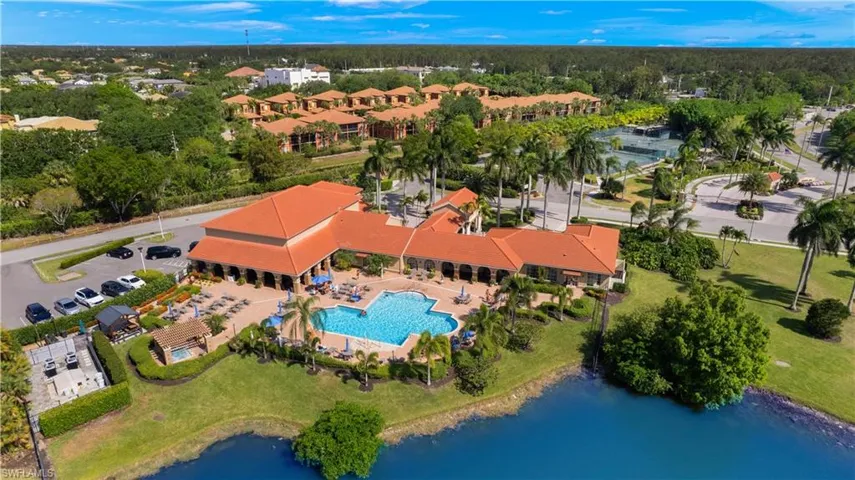 Aerial overview of property's location featuring a pool